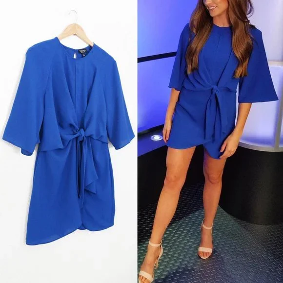 Topshop Dress Wide Half Sleeves Knot Tie Front Cobalt Royal Blue Mini Dress US 8 - Picture 4 of 16